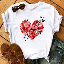 Load image into Gallery viewer, Maycaur Red Heart Butterfly Print Women Tshirt Fashion Casual O Neck Female T Shirt 90s Lady Yong Girl New Valentine's Day Gifts