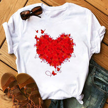 Load image into Gallery viewer, Maycaur Red Heart Butterfly Print Women Tshirt Fashion Casual O Neck Female T Shirt 90s Lady Yong Girl New Valentine's Day Gifts
